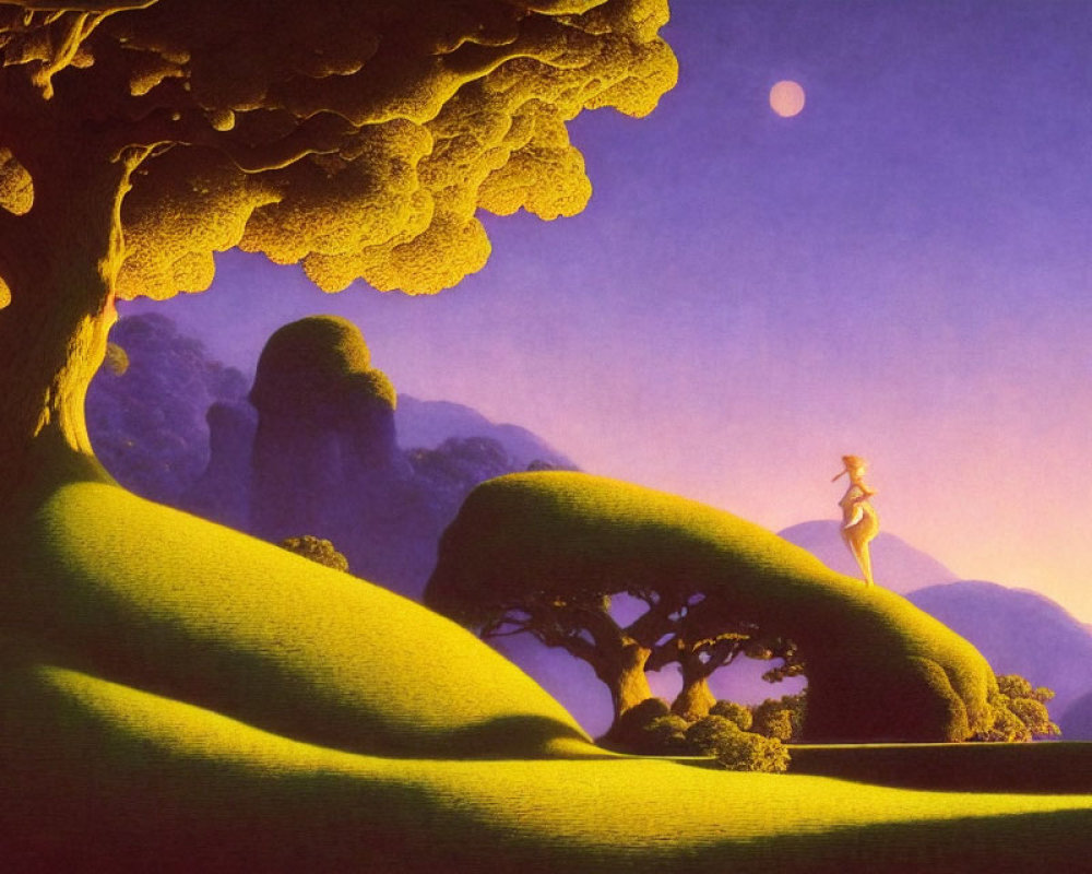 Surreal twilight landscape with rolling green hills and a solitary figure