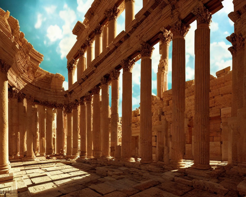 Ancient ruins with towering columns and intricate friezes in warm sunlight