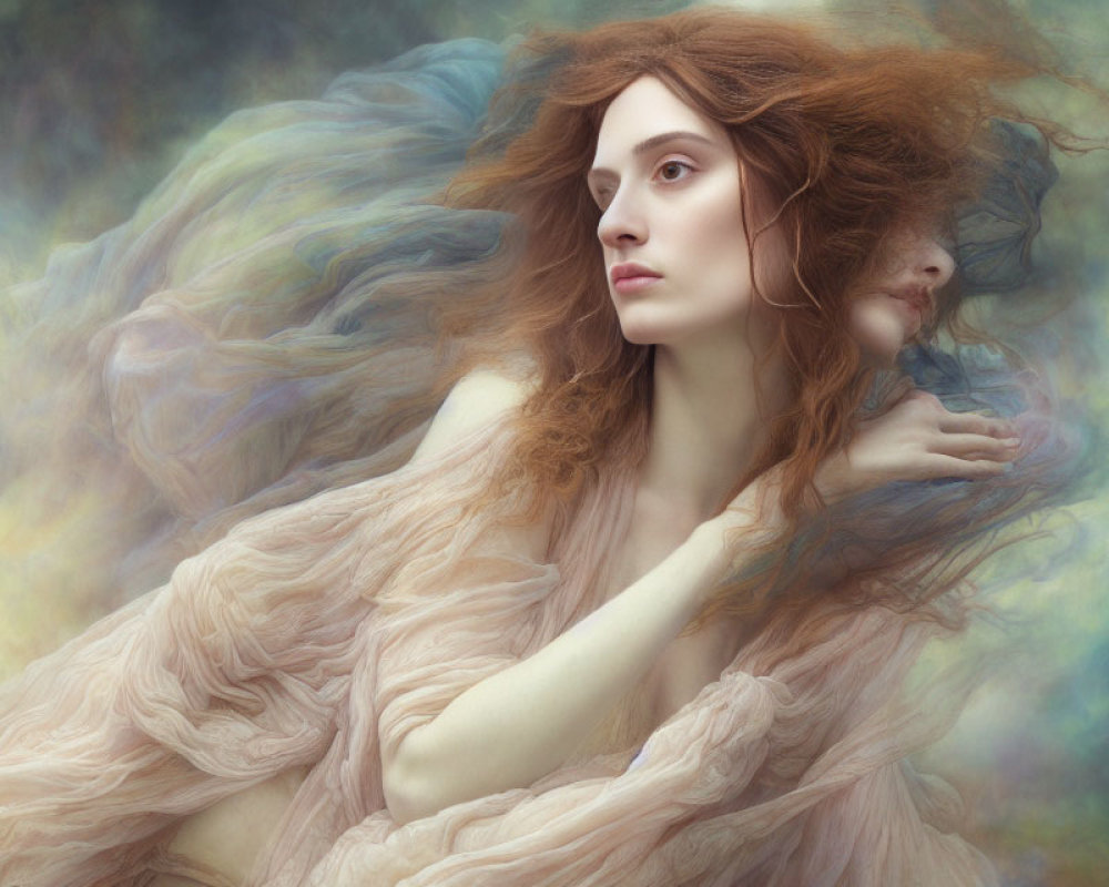 Surreal portrait of woman with red hair and flowing fabric against soft-focus background