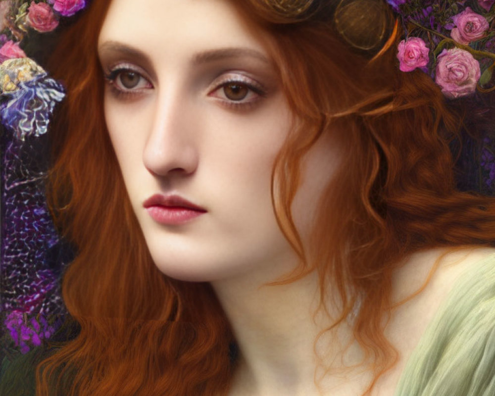 Portrait of woman with flowing red hair and purple flowers.