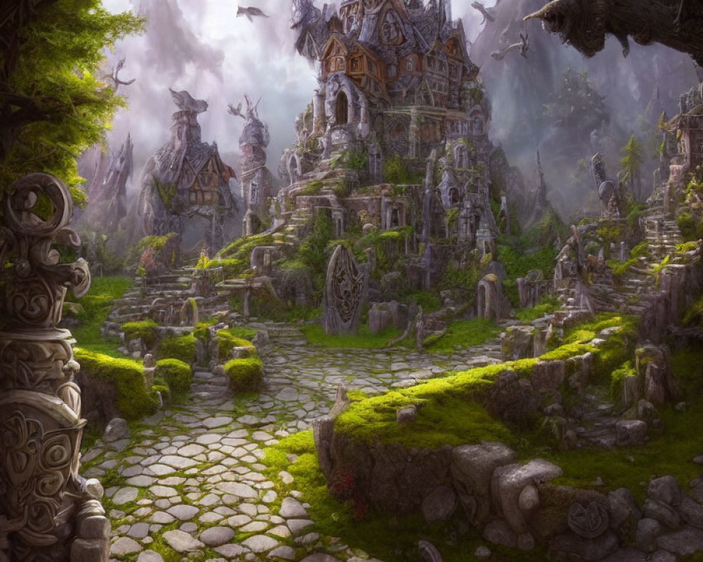 Mystical forest scene with ancient houses and towering trees