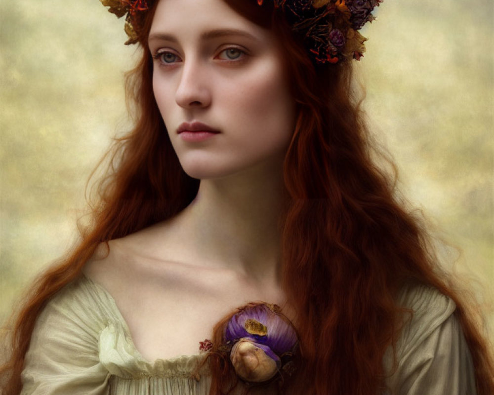 Red-haired woman in floral crown, pale dress, purple flower - serene gaze.