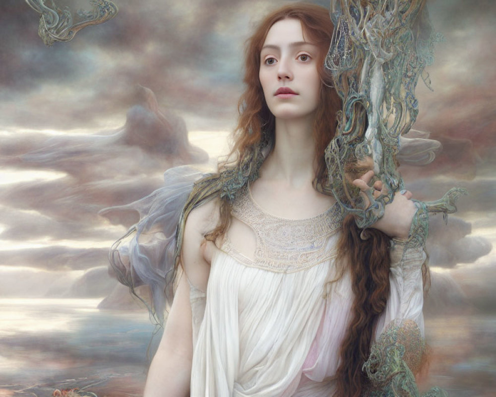 Surreal portrait of woman with flowing hair in white dress against dreamy backdrop