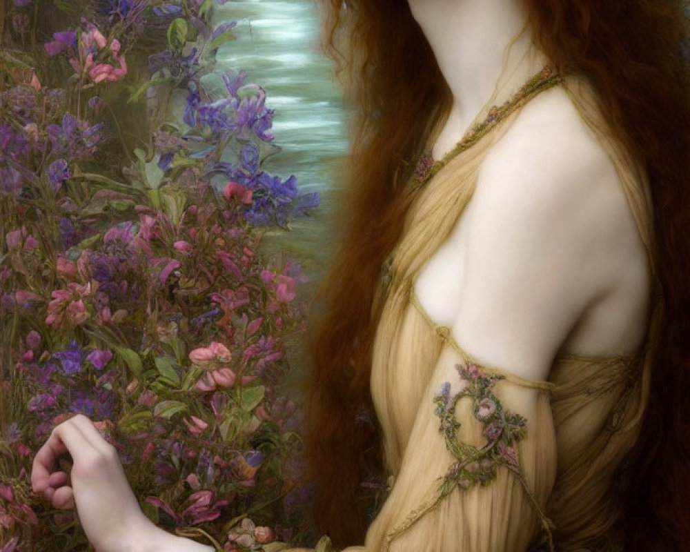 Red-haired woman in vintage dress surrounded by purple flowers.