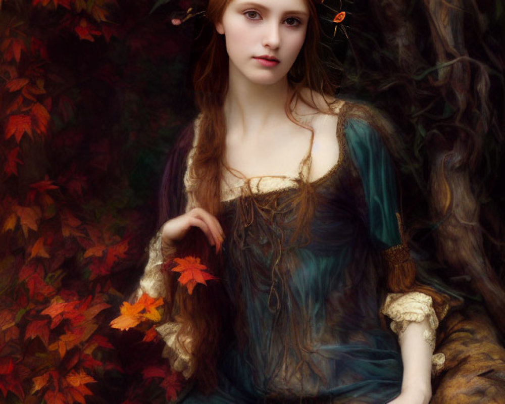 Medieval-style woman in teal and gold dress by autumn tree