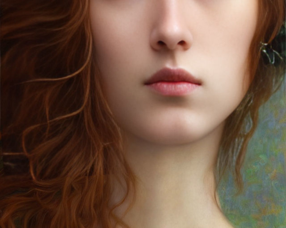 Portrait of woman with flowing red hair, green leaf crown, serene gaze, and floral neckline.