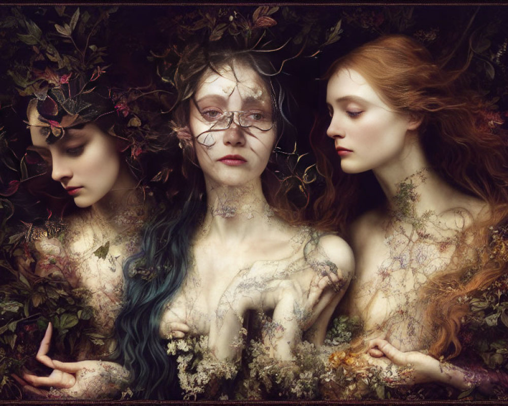 Ethereal figures adorned with floral elements in serene tableau