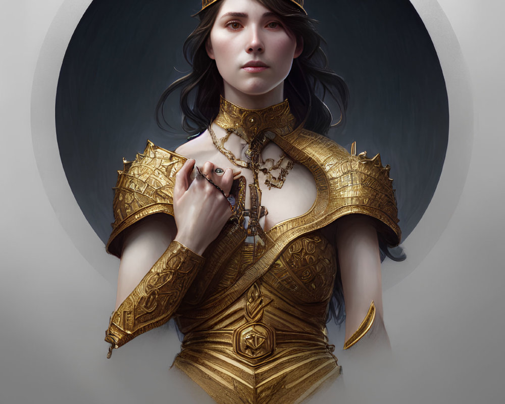 Dark-haired woman in golden crown and armor on grey circular background