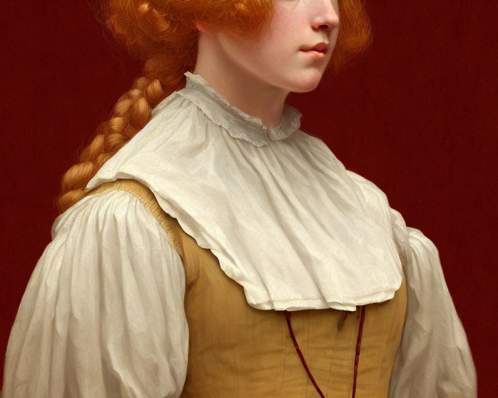 Red-haired woman in braid, white blouse, yellow corset on red background