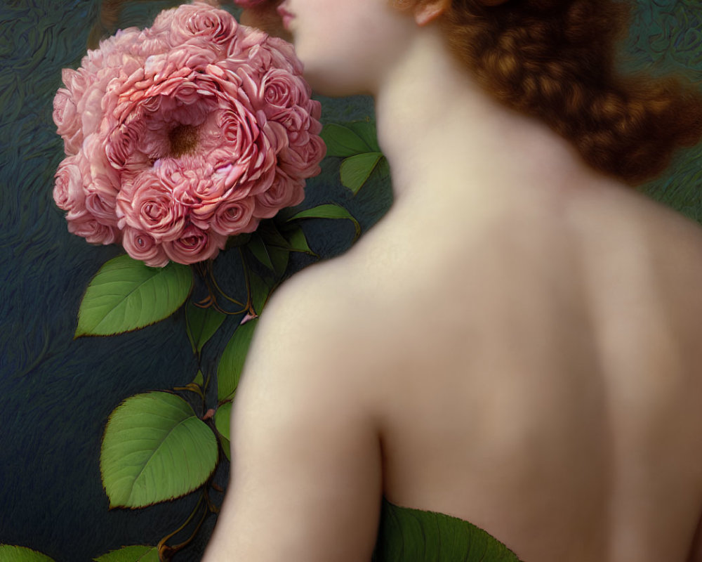 Woman's bare back with braid and pink rose painting: nature meets elegance