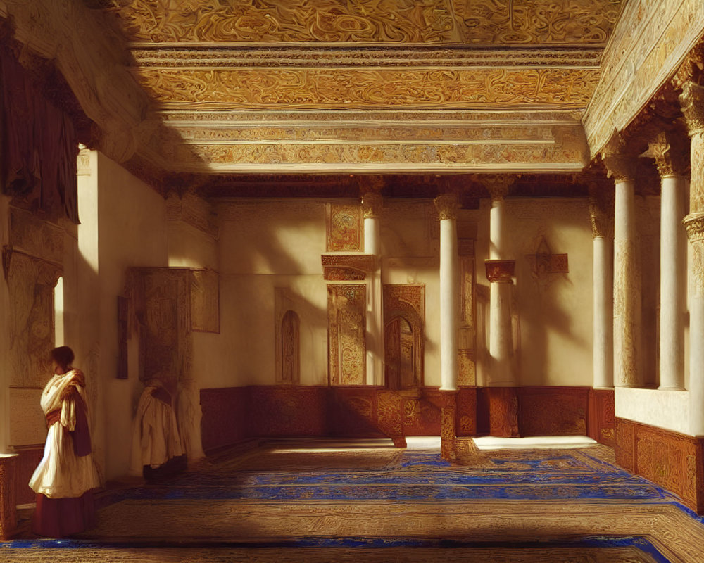 Ornate interior with columns, golden ceiling, blue carpets, and figures in classical attire.