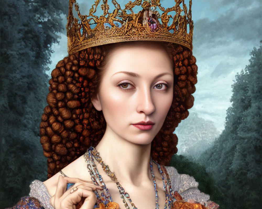 Detailed Golden Crown and Orange Dress on Regal Woman in Forest Setting