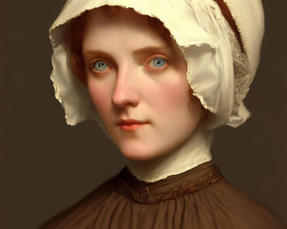 Red-haired woman in bonnet and lace collar, vintage style portrait.