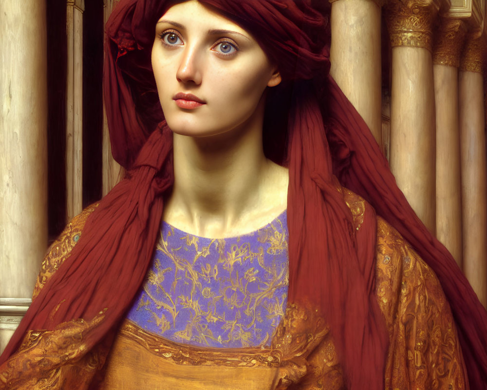 Digital painting of woman with blue eyes and red headscarf in ornate background