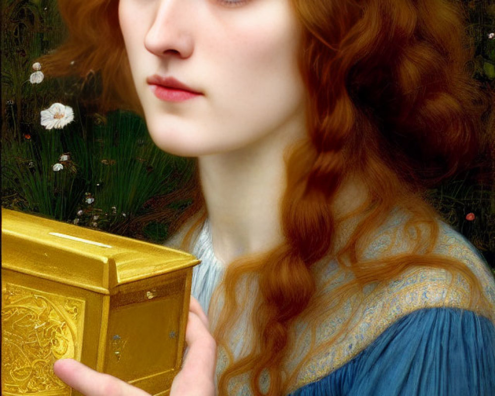 Portrait of a Woman with Red Hair Holding Golden Box in Pre-Raphaelite Style