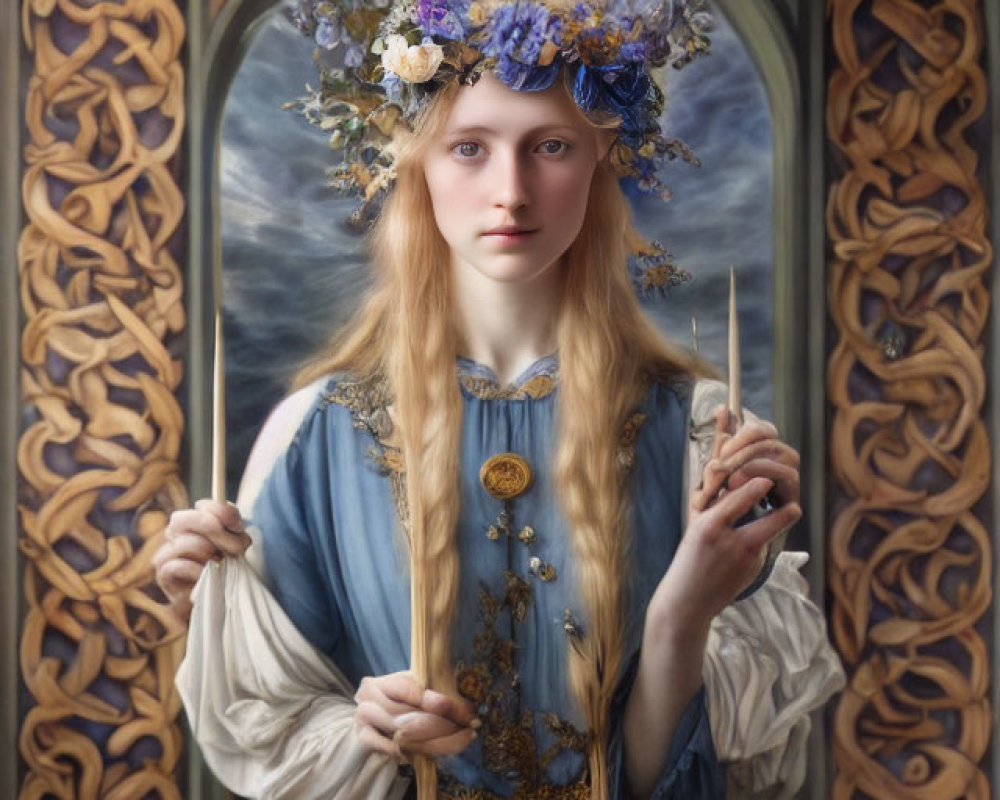 Blonde woman in blue medieval dress with floral crown and wand