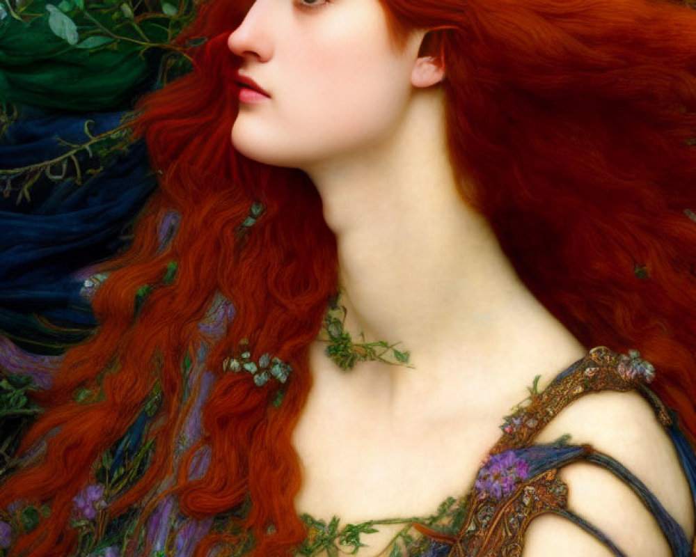 Profile view painting of woman with flowing red hair and flowers.