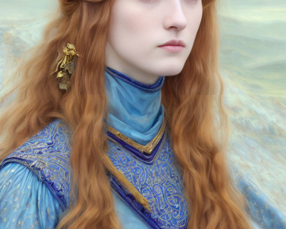 Portrait of Woman with Long Red Hair and Blue Medieval Gown