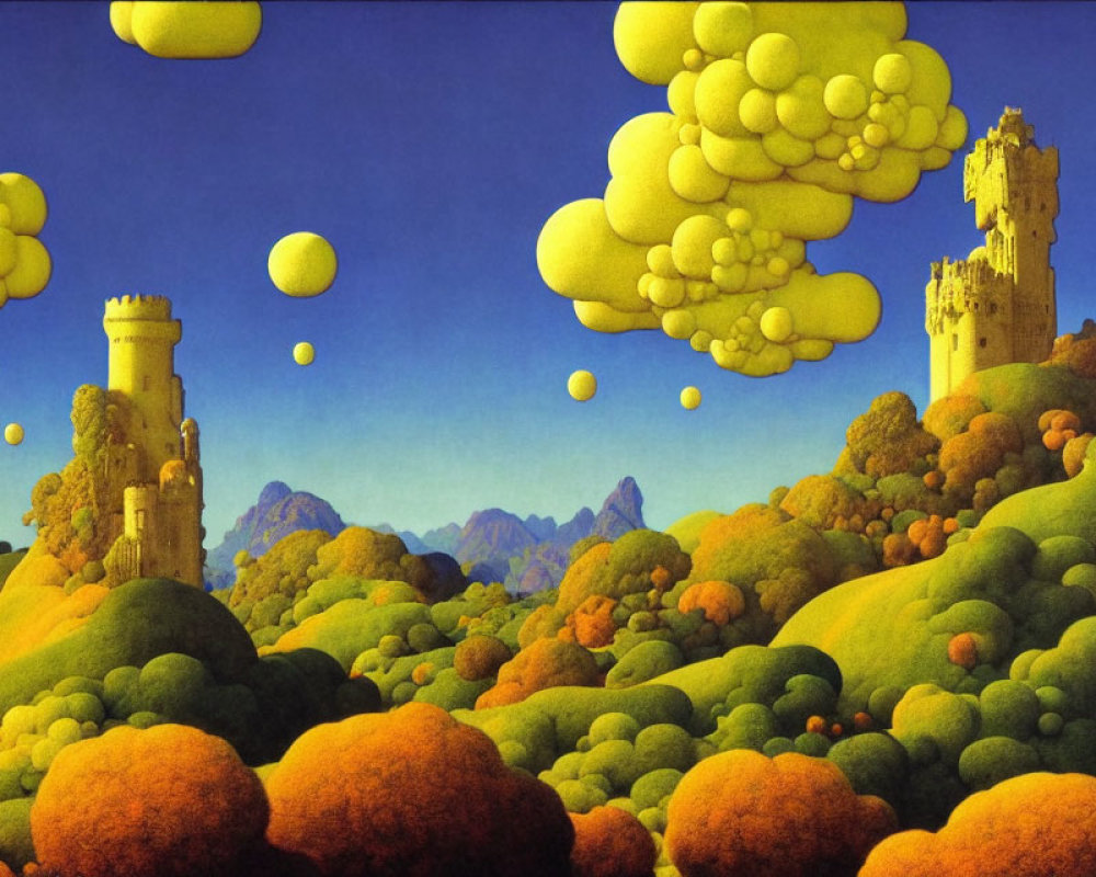 Surreal landscape with floating yellow spheres, castles, and green hills