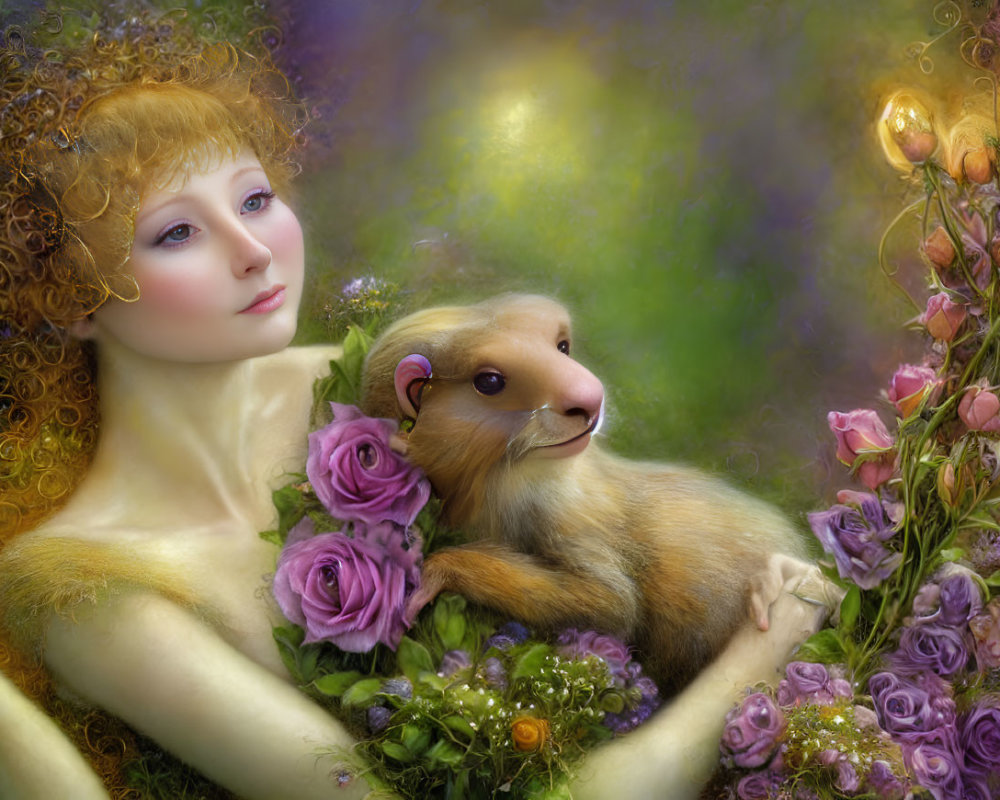 Curly-Haired Woman with Guinea Pig in Fantasy Portrait