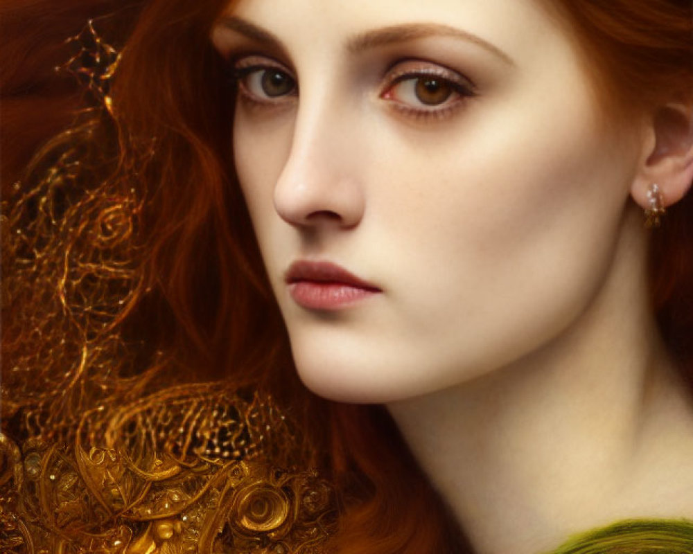 Detailed Portrait of Woman with Flowing Red Hair and Golden Accents