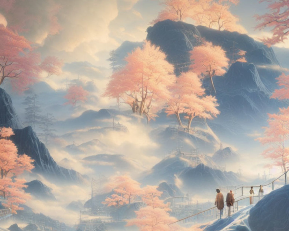 Serene landscape with figures on misty mountain bridge