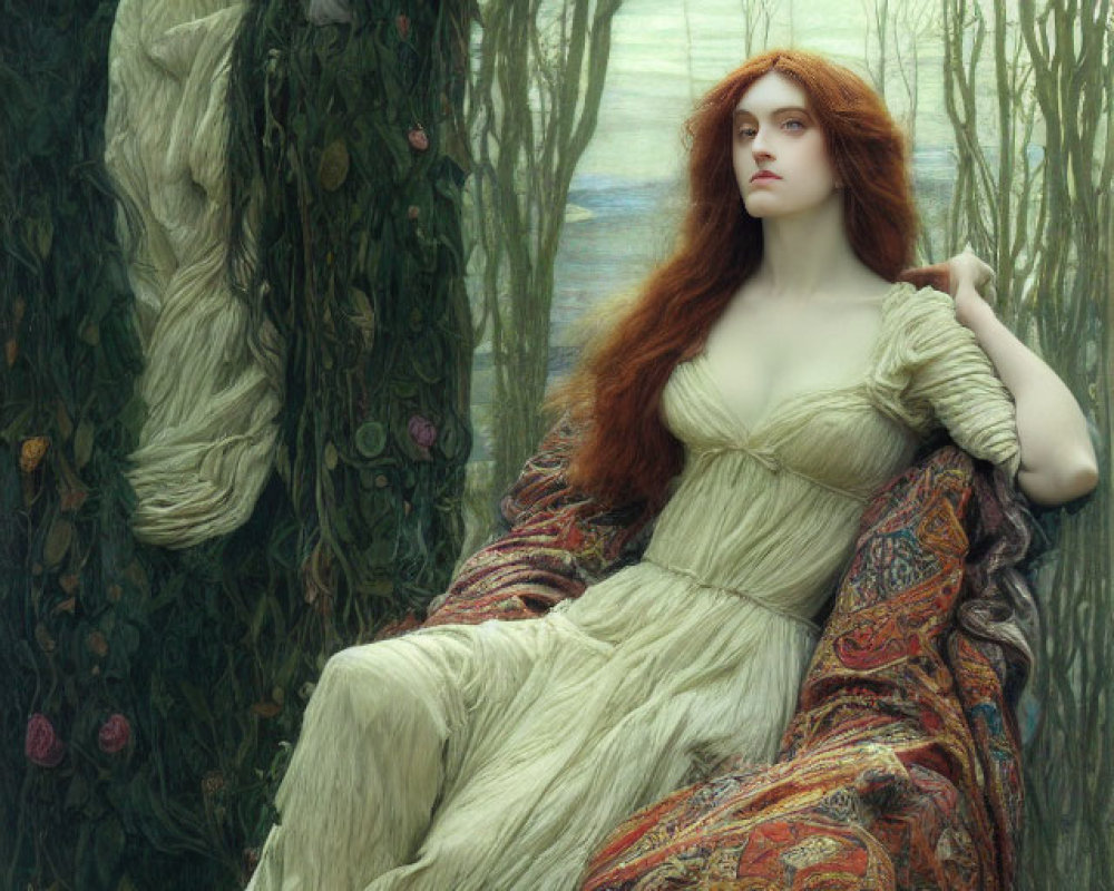 Pre-Raphaelite-style painting of woman with red hair in woodland and seascape setting