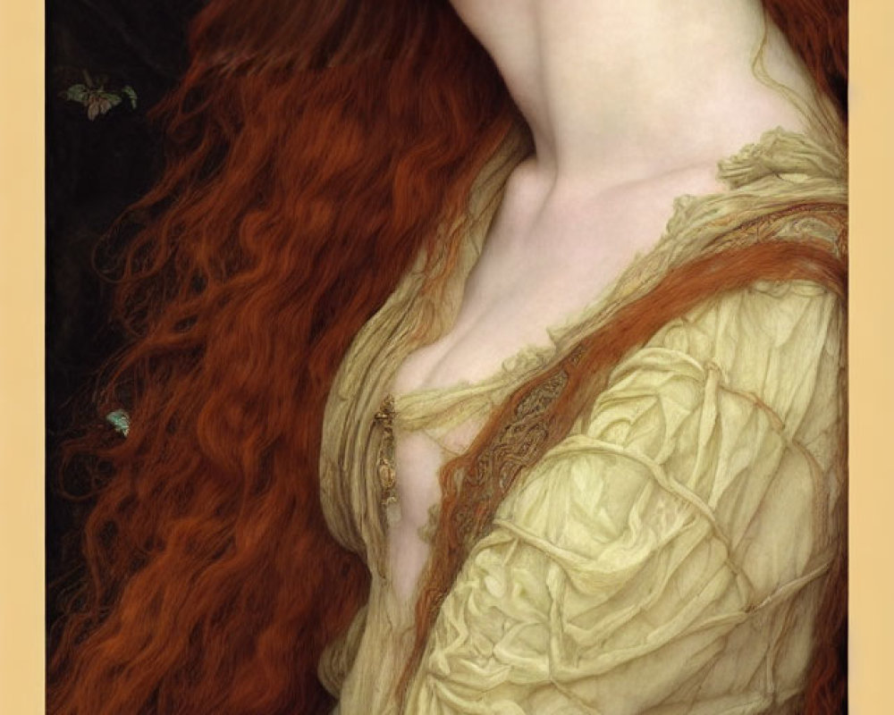 Portrait of woman with flowing red hair in gold period dress gazes over shoulder.