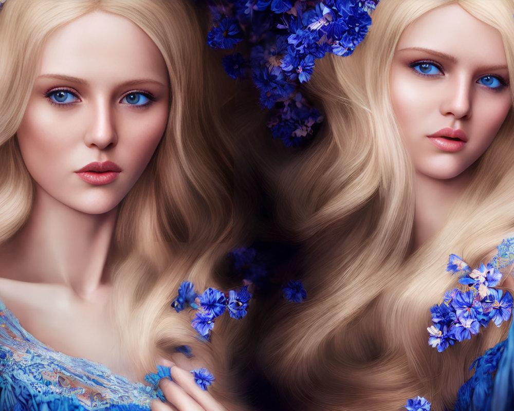 Blonde Women with Blue Flowers in Matching Dresses