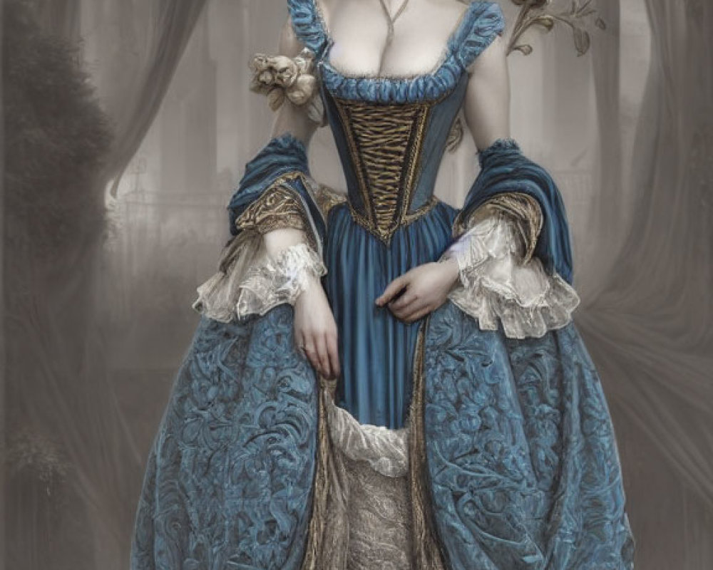 Elaborate blue and gold 18th-century style dress with corset and flowers