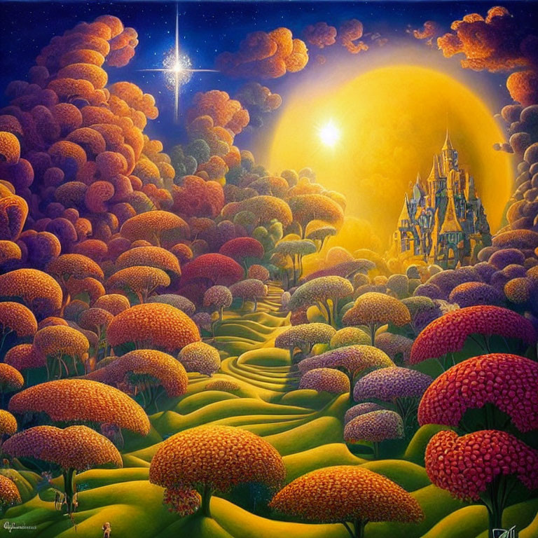 Vibrant fantasy landscape with winding path to castle under starlit sky