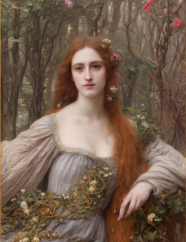 Woman with Long Red Hair and Flowers in Mystical Forest Setting