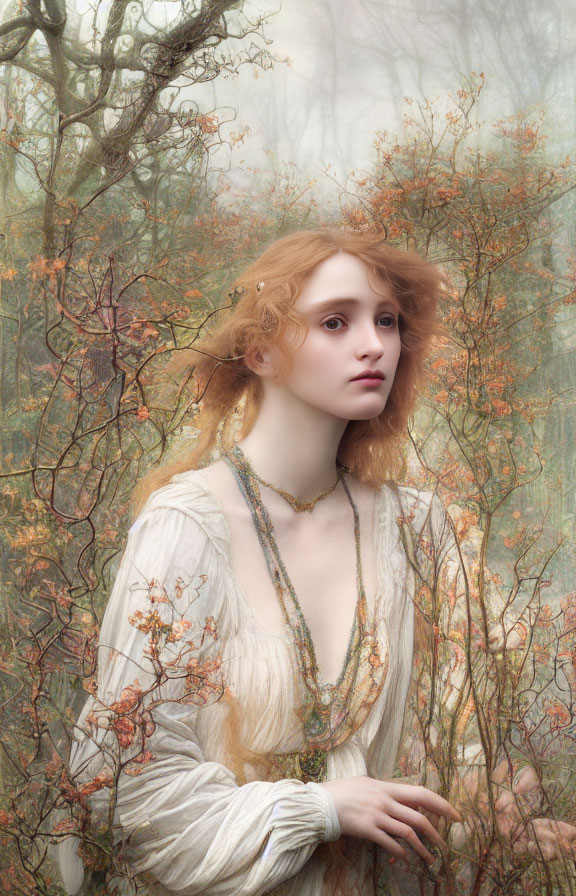 Red-haired woman in white gown in misty autumn forest