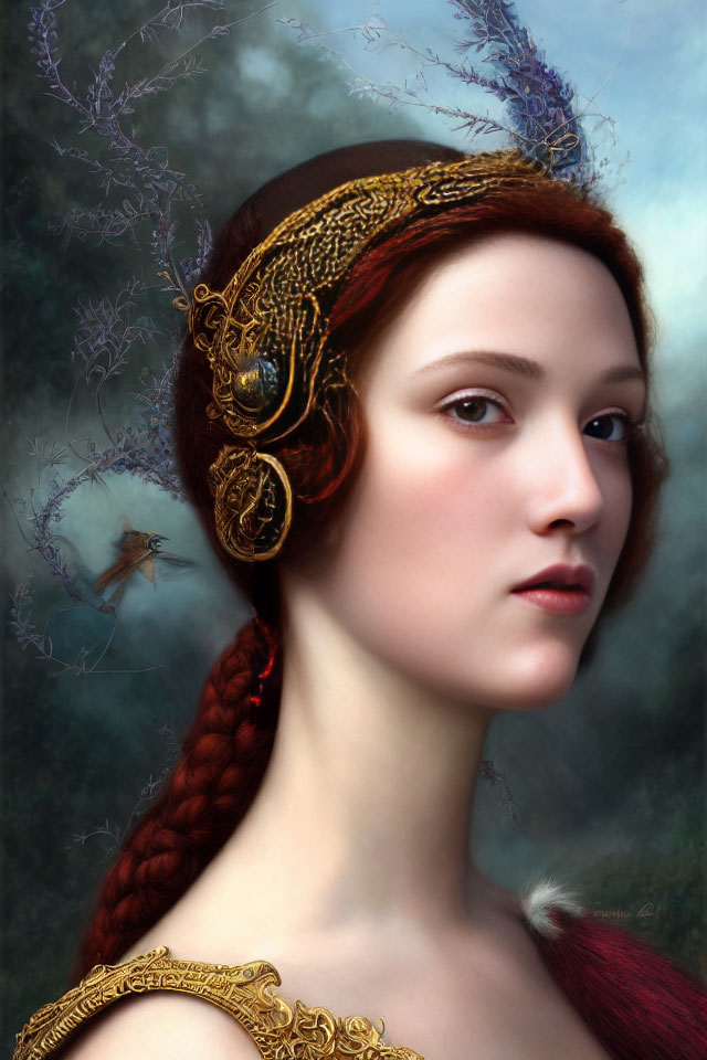 Red-haired woman with intricate braid and gold jewelry against floral backdrop