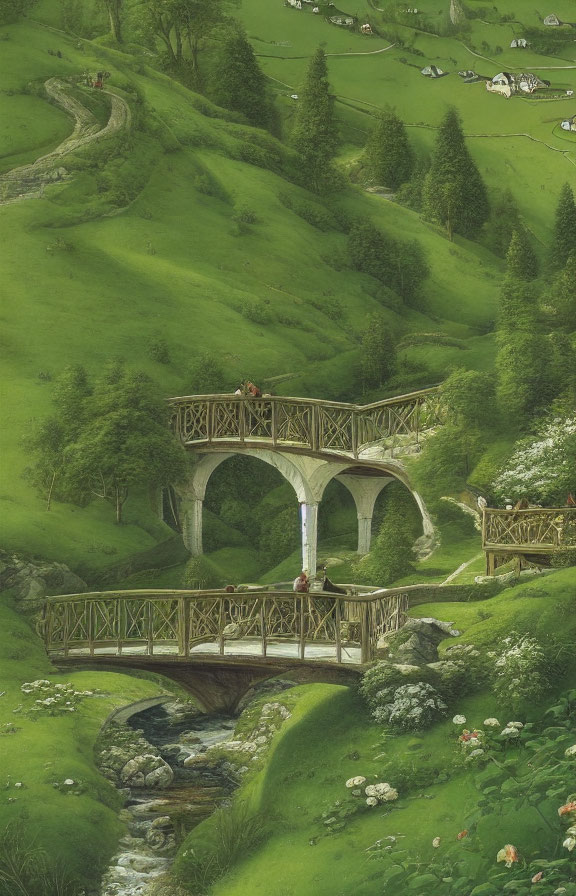 Stone bridge with arches over stream in lush green landscape