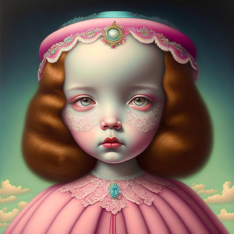 Doll-like girl illustration with large eyes in pink dress