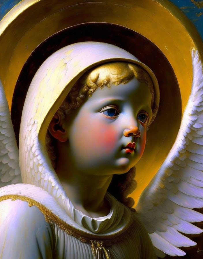 Angel with Golden Halo and White Wings on Blue Background