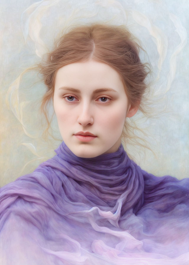 Serene young woman portrait with flowing hair and purple scarf