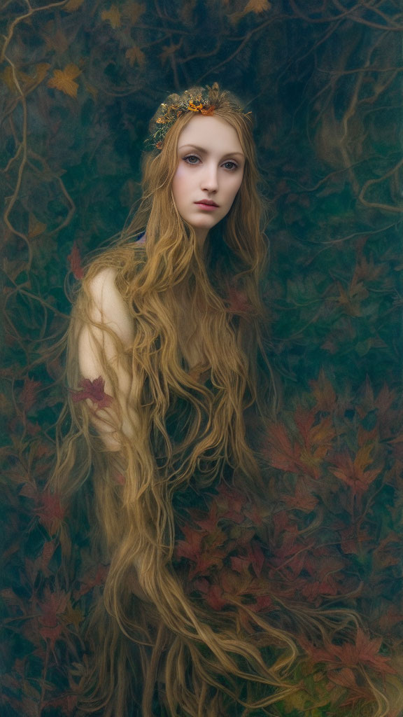 Woman with Long, Wavy Hair and Crown in Autumn Leaves Setting