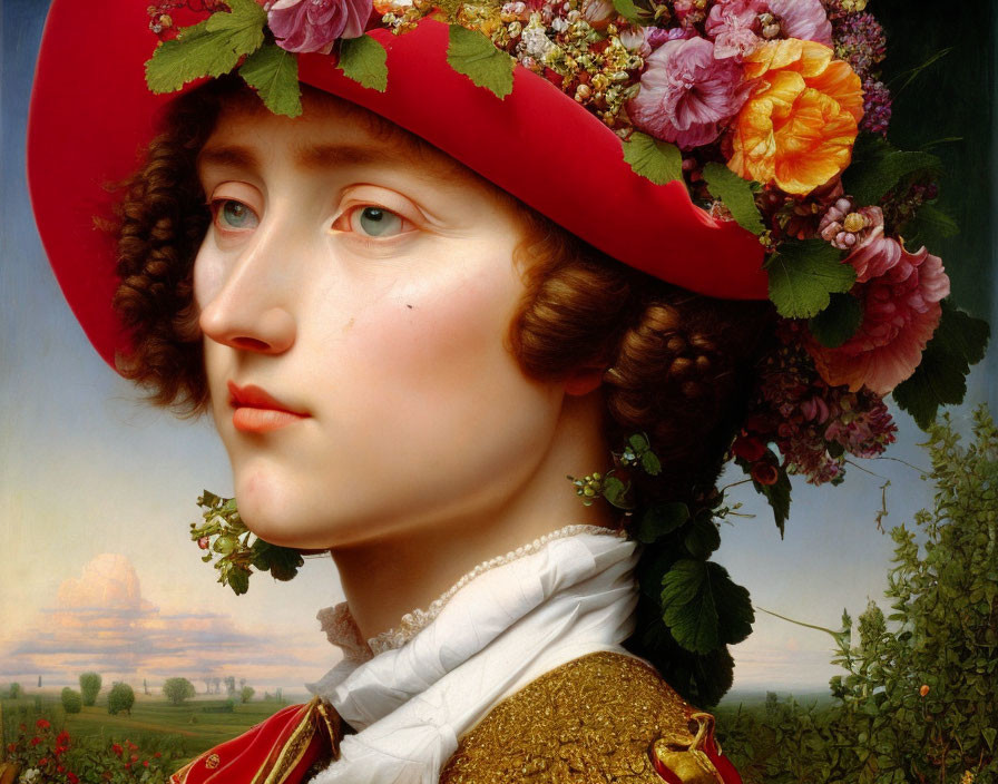 Classical portrait of a woman in red wide-brimmed hat with flowers and gold details.