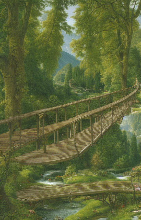 Tranquil wooden bridge over stream in lush forest