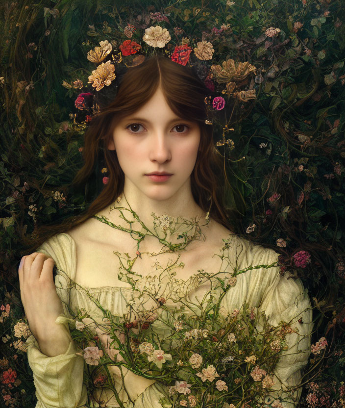 Woman with floral wreath in lush greenery and vibrant flowers