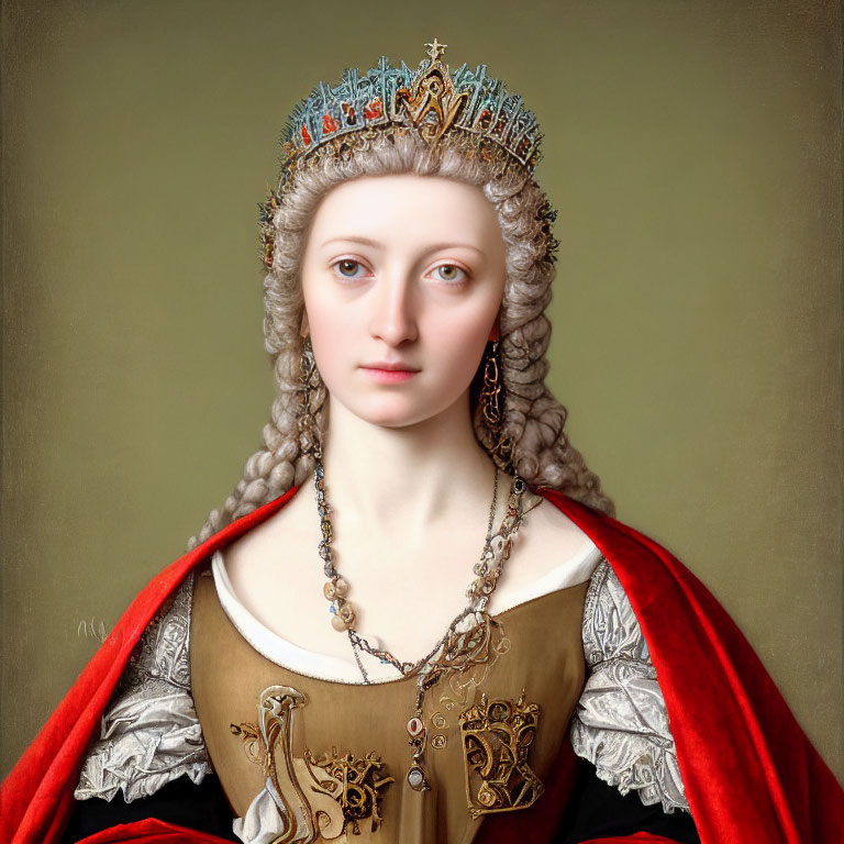 Historical portrait of woman in jeweled crown and red cloak