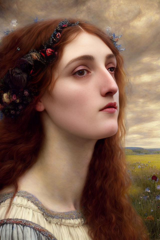 Portrait of woman with long red hair and floral headpiece in pastoral setting