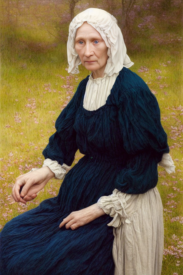 Elderly Woman in Vintage Blue Dress and White Bonnet Contemplating in Grass Field