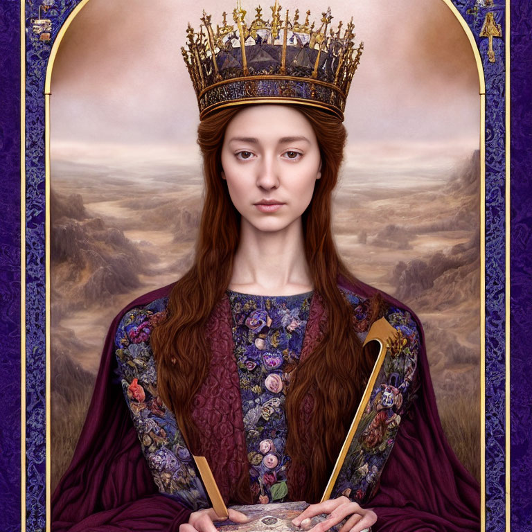 Young woman in regal purple gown with golden crown and scepter against gothic arch backdrop