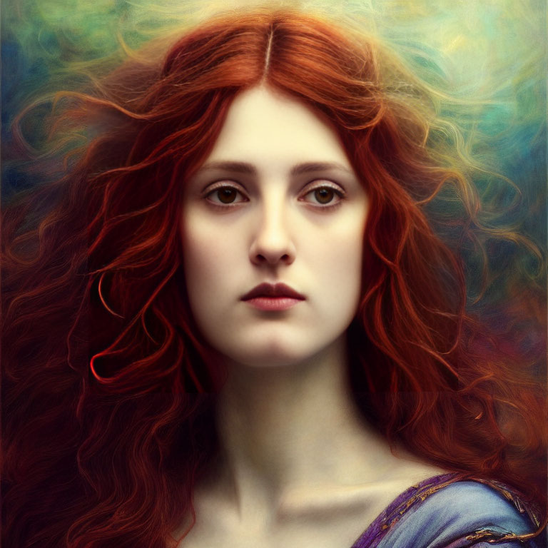 Portrait of a Woman with Red Hair in Blue Dress on Soft Background