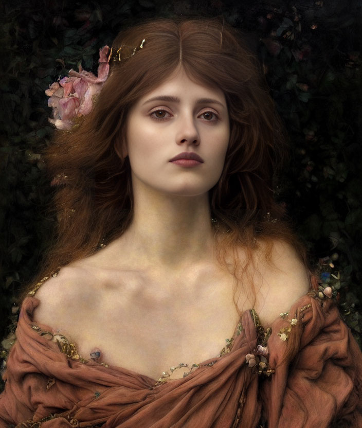 Portrait of woman with auburn hair, flowers, russet gown, and floral backdrop