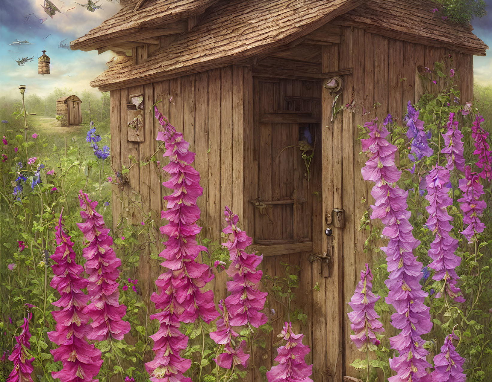 Rustic wooden hut with thatched roof and blooming purple foxgloves in serene landscape