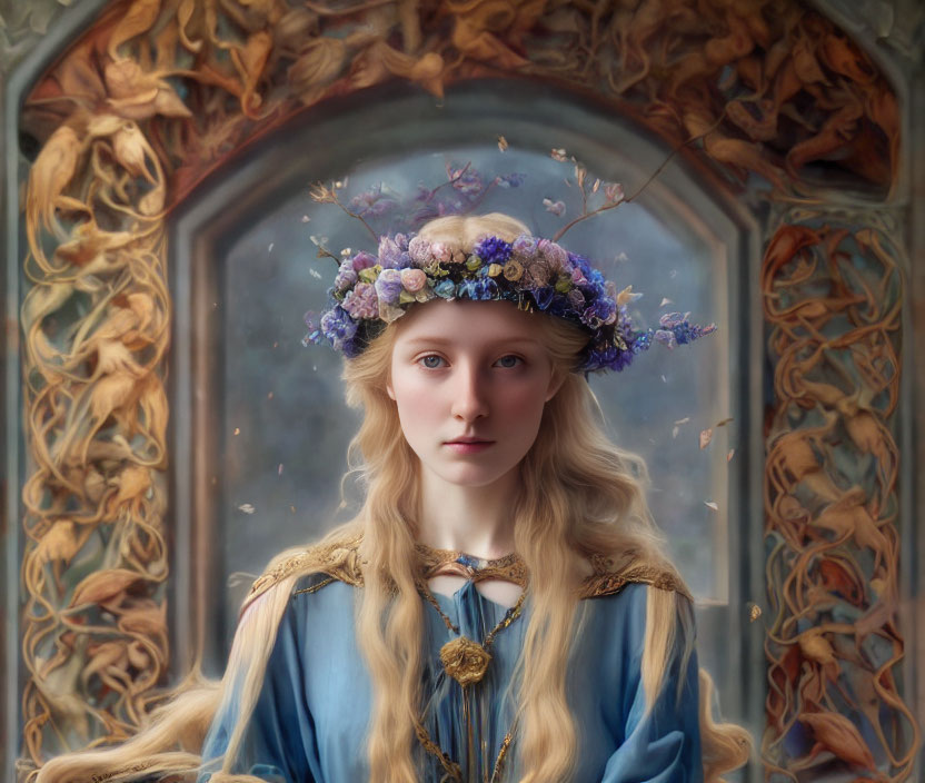 Woman in floral crown and blue medieval dress against leafy backdrop